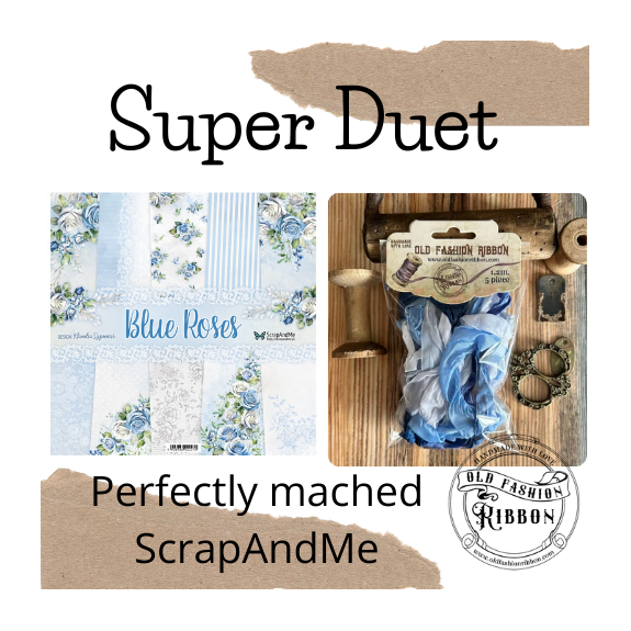 Super Duet - Blue Roses - 12" x 12" scrapbooking paper pack, 1pc + Old Fashion Ribbon satin, 5 pcs