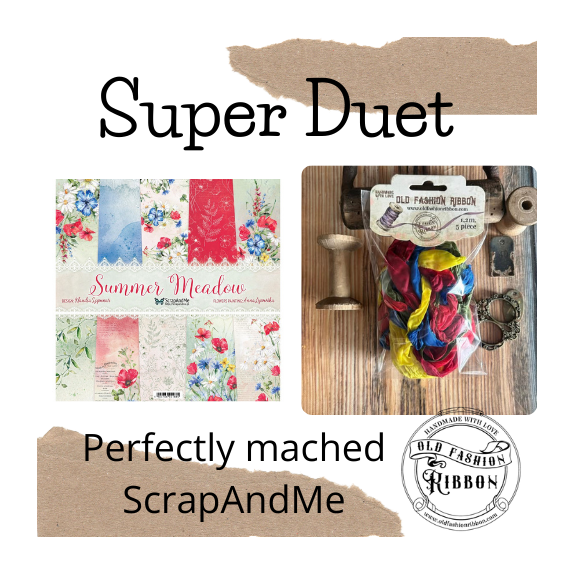 Super Duet -  Summer Meadow, 12" x 12" scrapbooking paper pack, 1pc + Old Fashion Ribbon satin, 5 pcs